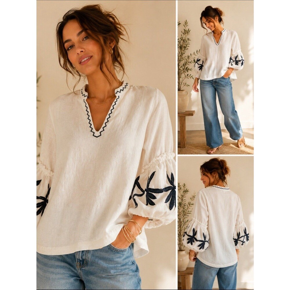 Chico's White Coastal Grandma Linen Puff Sleeve Tunic with Navy Embroidery Sz 8